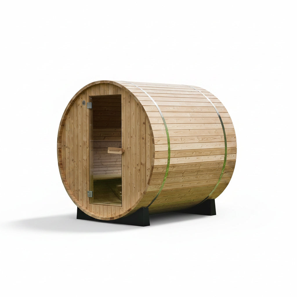 2-Person Luxury Finland Thermo Pine Outdoor Barrel Sauna with Half View Window, Harvia Electric Heater, Sauna Accessories Kit and Asphalt Shingle Roof, 4'X6'