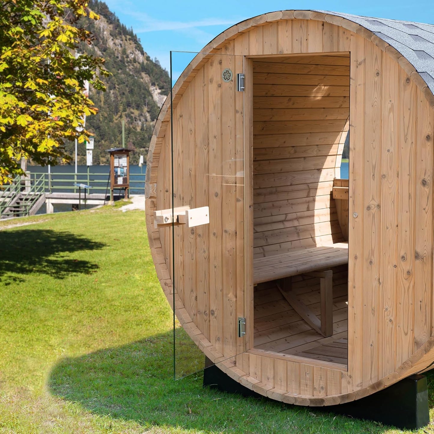 WOODBRIDGE 2-Person Luxury Finland Thermo Pine Outdoor Barrel Sauna with Half View Window, Harvia Electric Heater, Sauna Accessories Kit and Asphalt Shingle Roof, 4'X6'