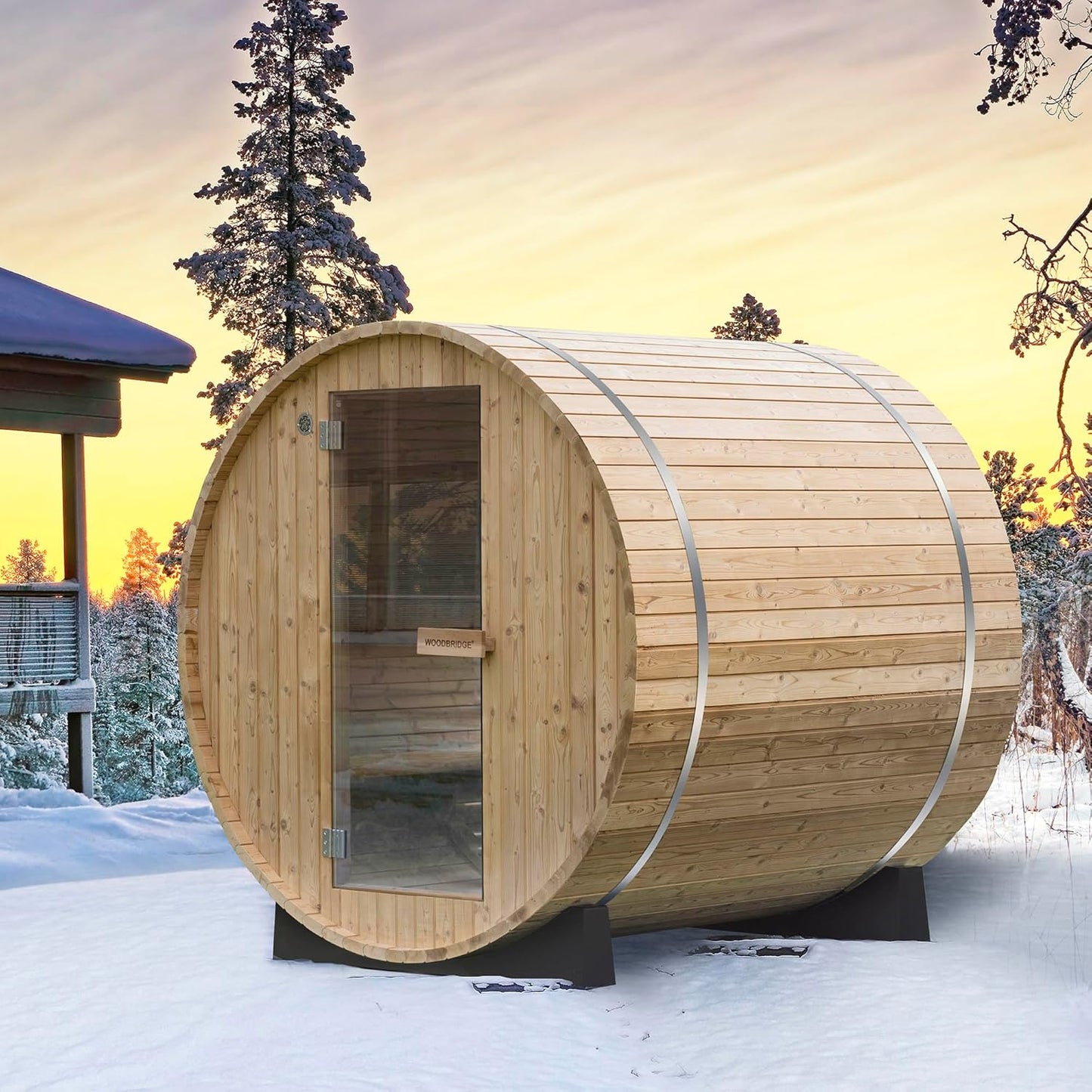 WOODBRIDGE 2-Person Luxury Finland Thermo Pine Outdoor Barrel Sauna with Half View Window, Harvia Electric Heater, Sauna Accessories Kit and Asphalt Shingle Roof, 4'X6'