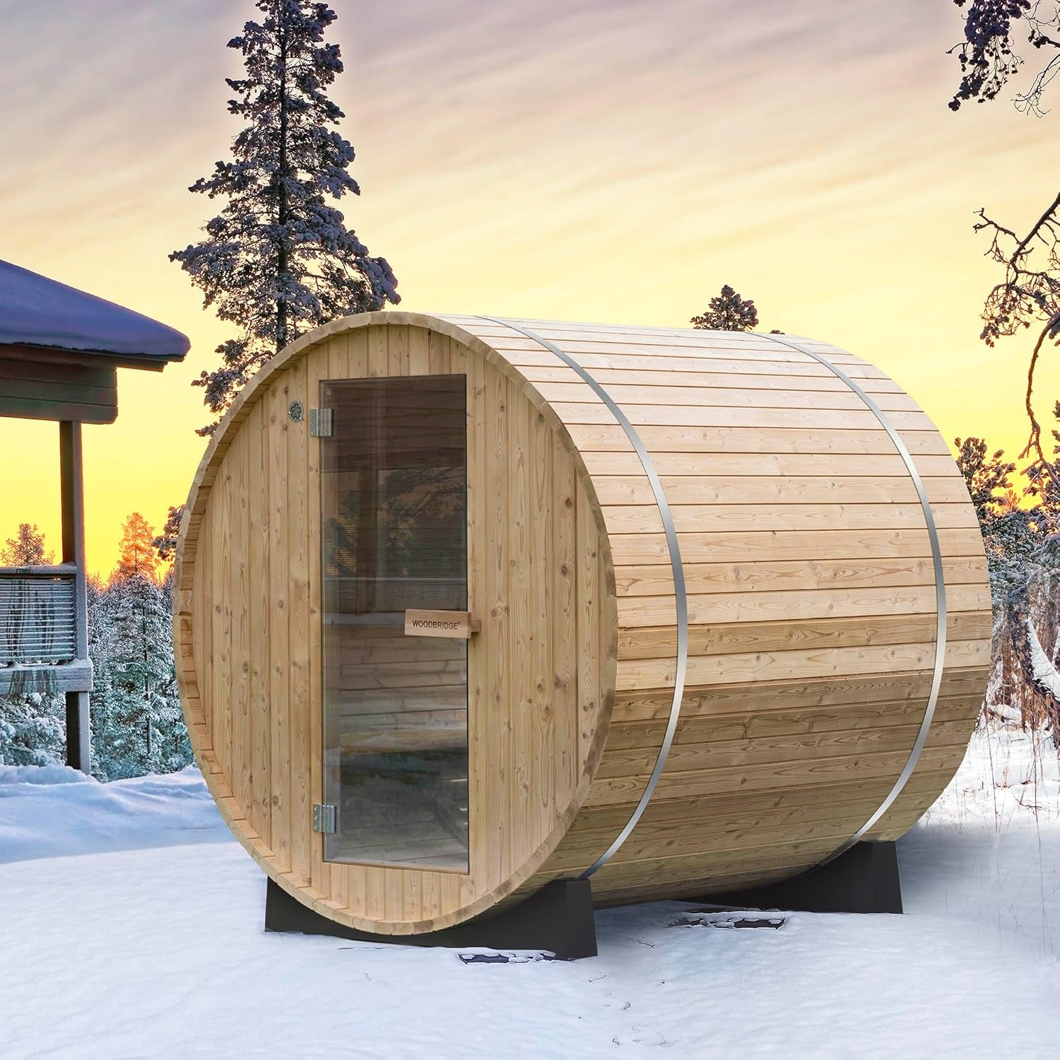 WOODBRIDGE 2-Person Luxury Finland Thermo Pine Outdoor Barrel Sauna with Half View Window, Harvia Electric Heater, Sauna Accessories Kit and Asphalt Shingle Roof, 4'X6'