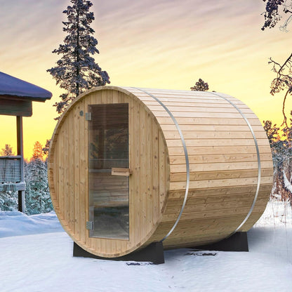 WOODBRIDGE 2-Person Luxury Finland Thermo Pine Outdoor Barrel Sauna with Half View Window, Harvia Electric Heater, Sauna Accessories Kit and Asphalt Shingle Roof, 4'X6'