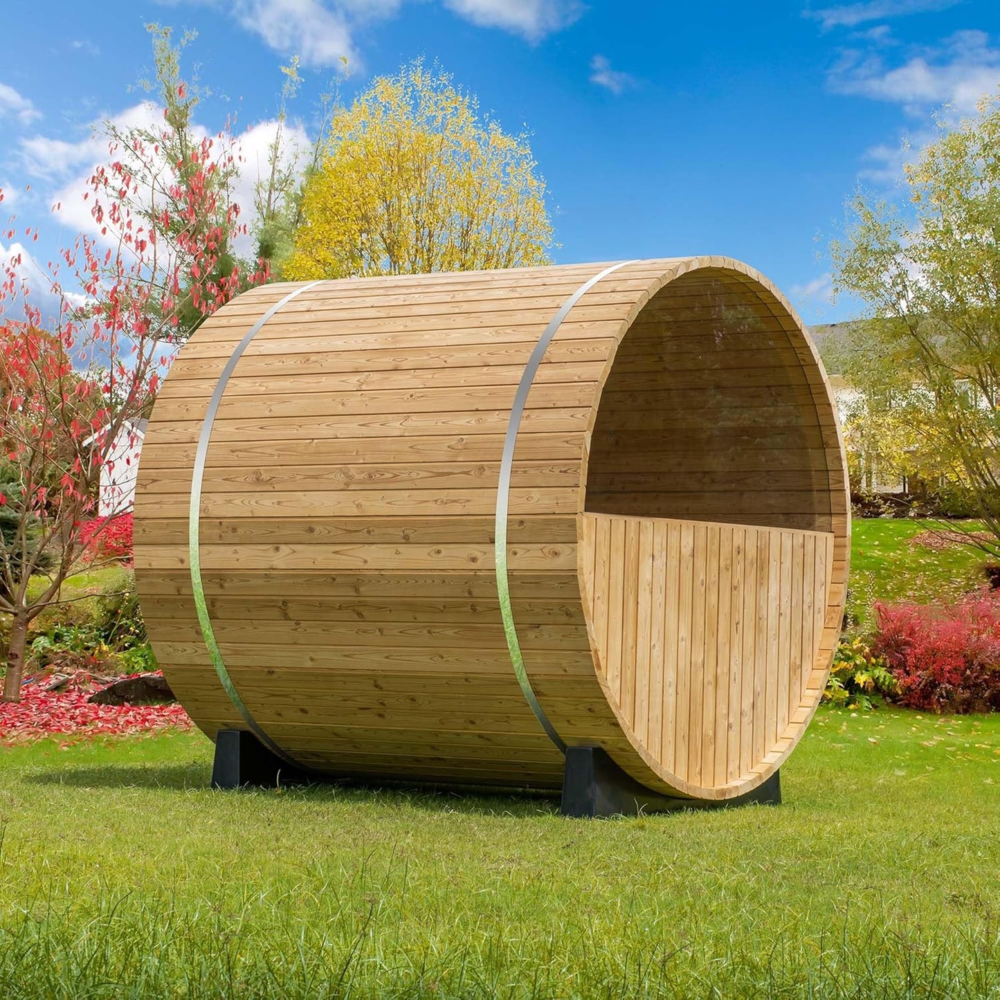 WOODBRIDGE 2-Person Luxury Finland Thermo Pine Outdoor Barrel Sauna with Half View Window, Harvia Electric Heater, Sauna Accessories Kit and Asphalt Shingle Roof, 4'X6'