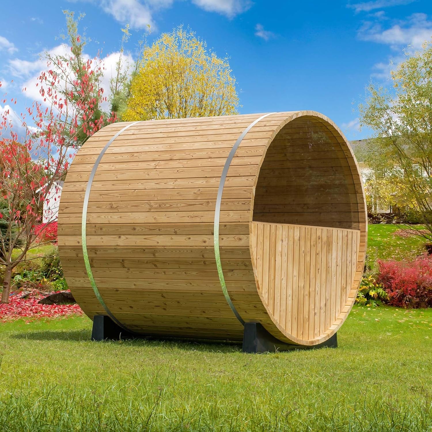 WOODBRIDGE 2-Person Luxury Finland Thermo Pine Outdoor Barrel Sauna with Half View Window, Harvia Electric Heater, Sauna Accessories Kit and Asphalt Shingle Roof, 4'X6'