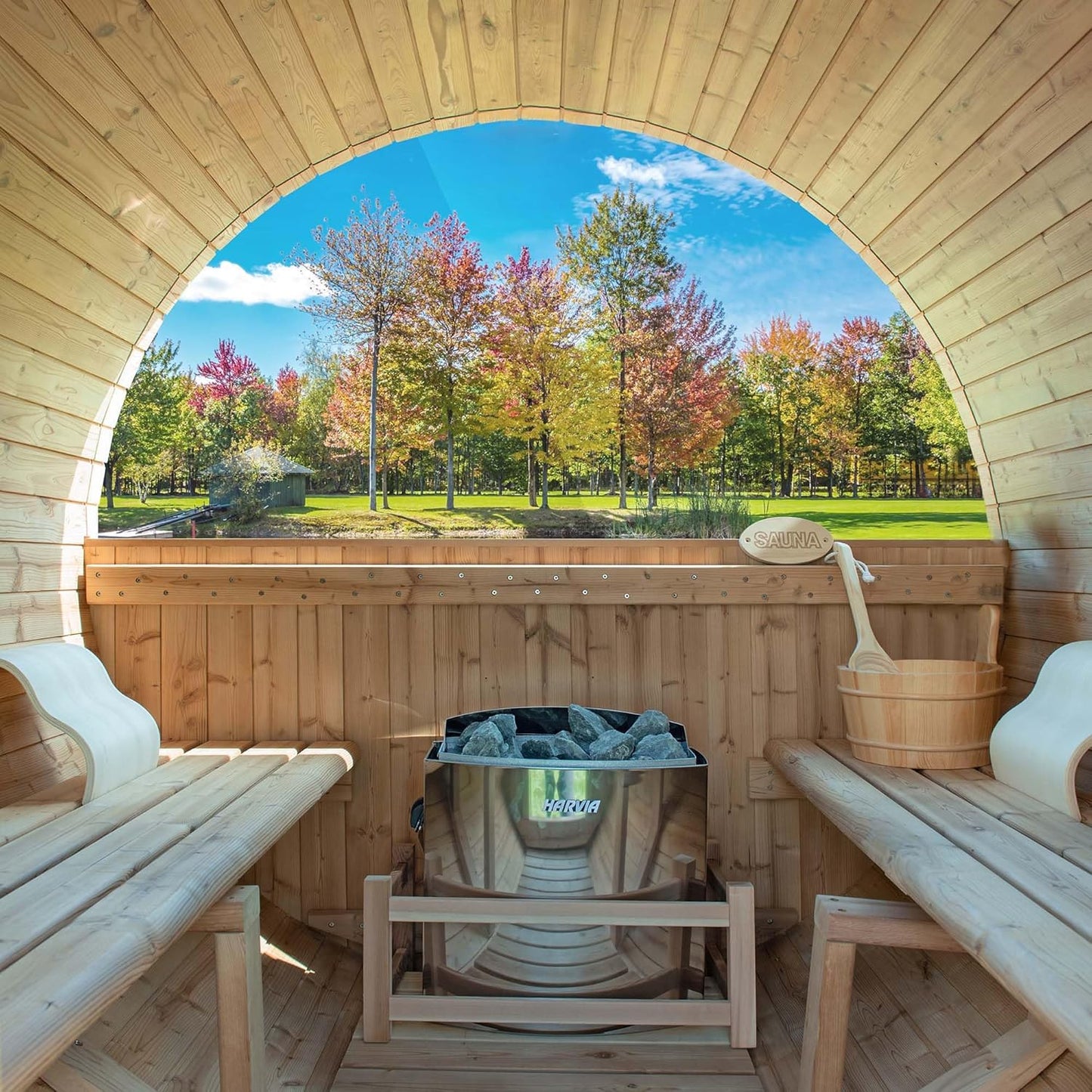 WOODBRIDGE 2-Person Luxury Finland Thermo Pine Outdoor Barrel Sauna with Half View Window, Harvia Electric Heater, Sauna Accessories Kit and Asphalt Shingle Roof, 4'X6'