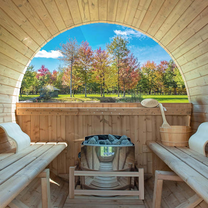 WOODBRIDGE 2-Person Luxury Finland Thermo Pine Outdoor Barrel Sauna with Half View Window, Harvia Electric Heater, Sauna Accessories Kit and Asphalt Shingle Roof, 4'X6'