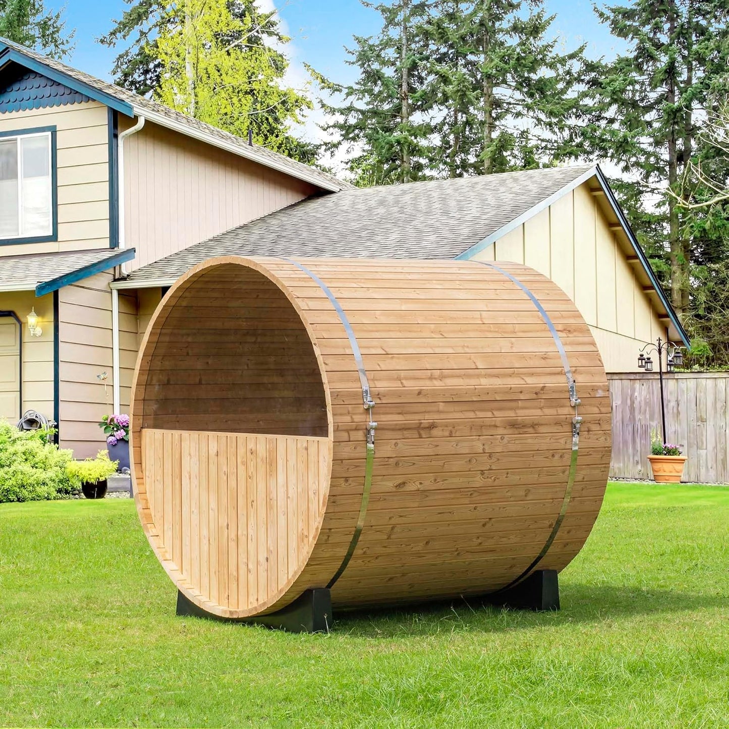 WOODBRIDGE 2-Person Luxury Finland Thermo Pine Outdoor Barrel Sauna with Half View Window, Harvia Electric Heater, Sauna Accessories Kit and Asphalt Shingle Roof, 4'X6'