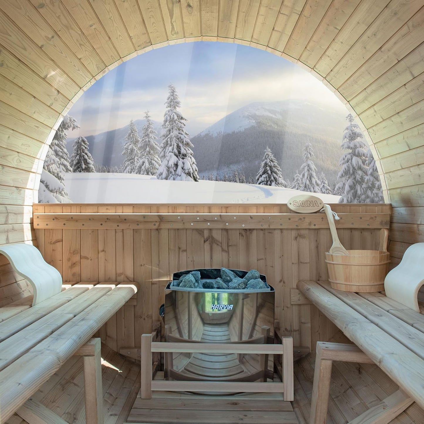 WOODBRIDGE 2-Person Luxury Finland Thermo Pine Outdoor Barrel Sauna with Half View Window, Harvia Electric Heater, Sauna Accessories Kit and Asphalt Shingle Roof, 4'X6'